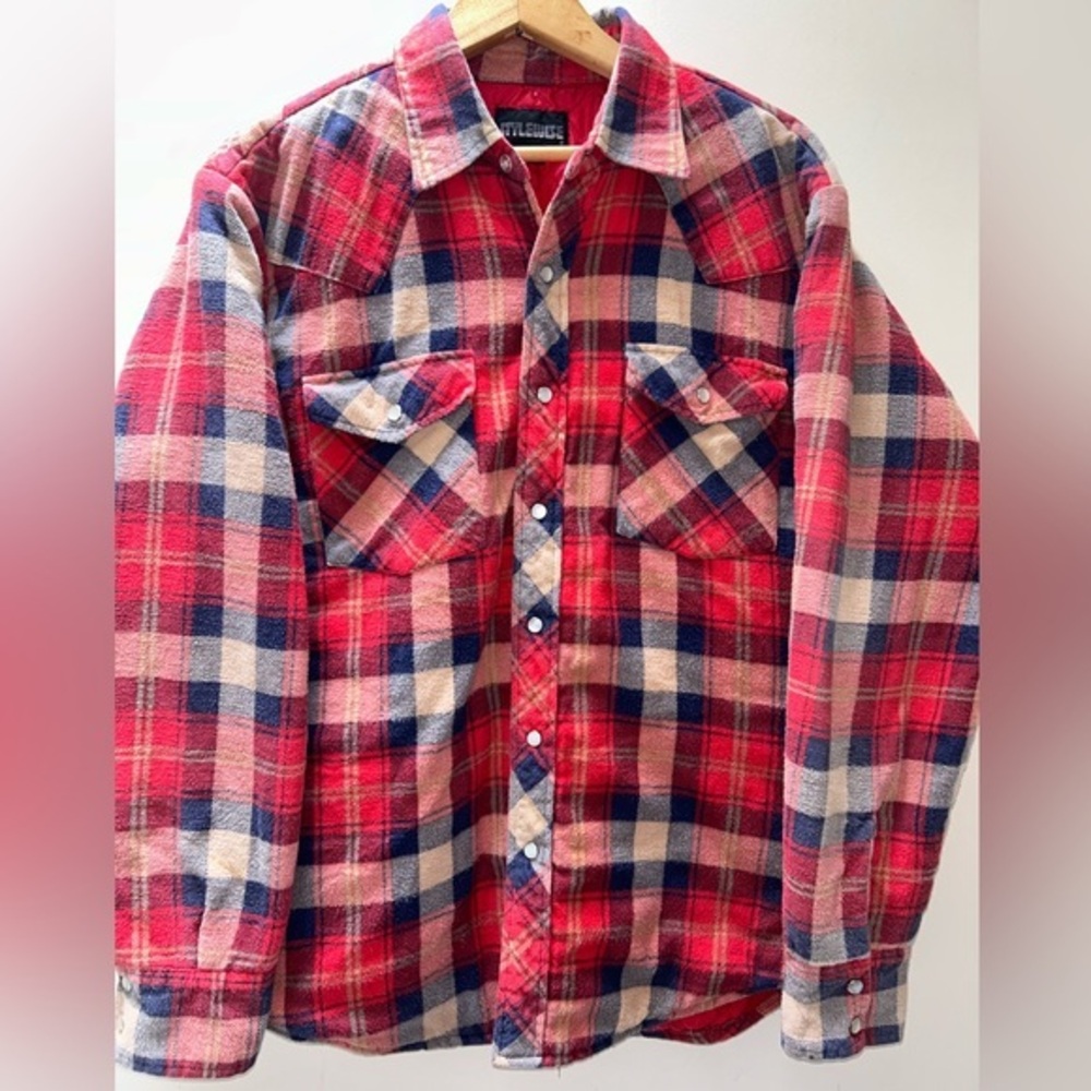 Vintage Lined Flannel Camp Coat with Pearl Snap Buttons Medium